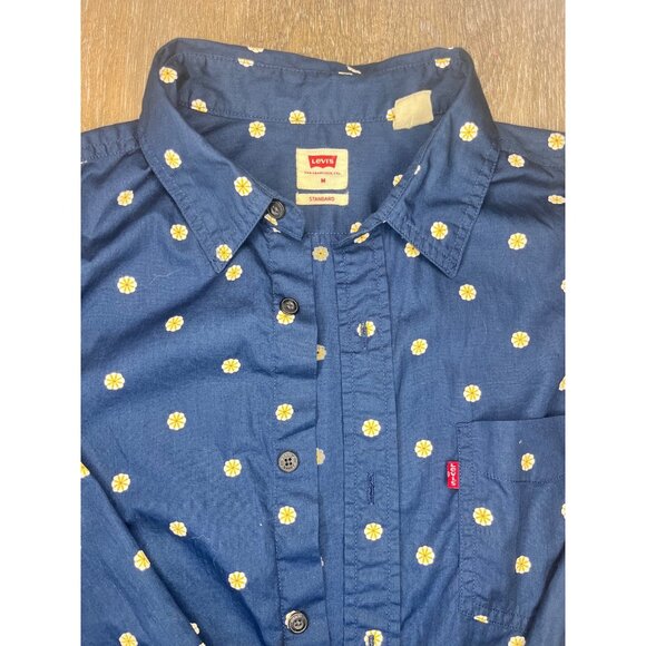 Levis Mens Navy Blue Long Sleeve Button-Up Shirt With Yellow Floral Print Size M - Picture 5 of 8